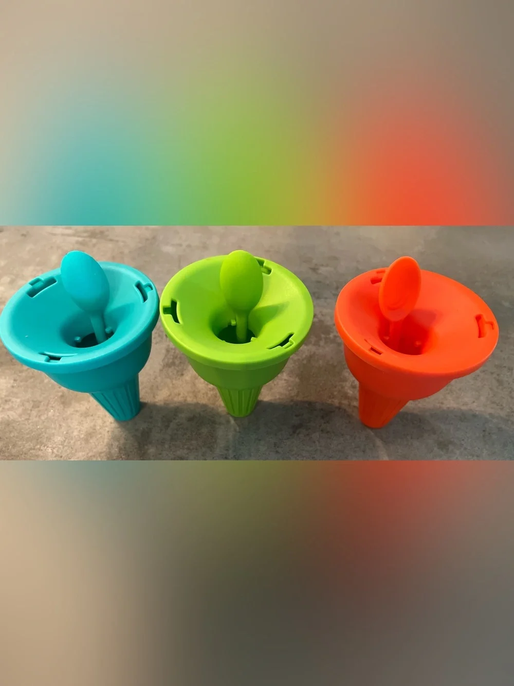 Pampered Chef Reusable Treat Cones & Spoons - Blue, Green, Orange